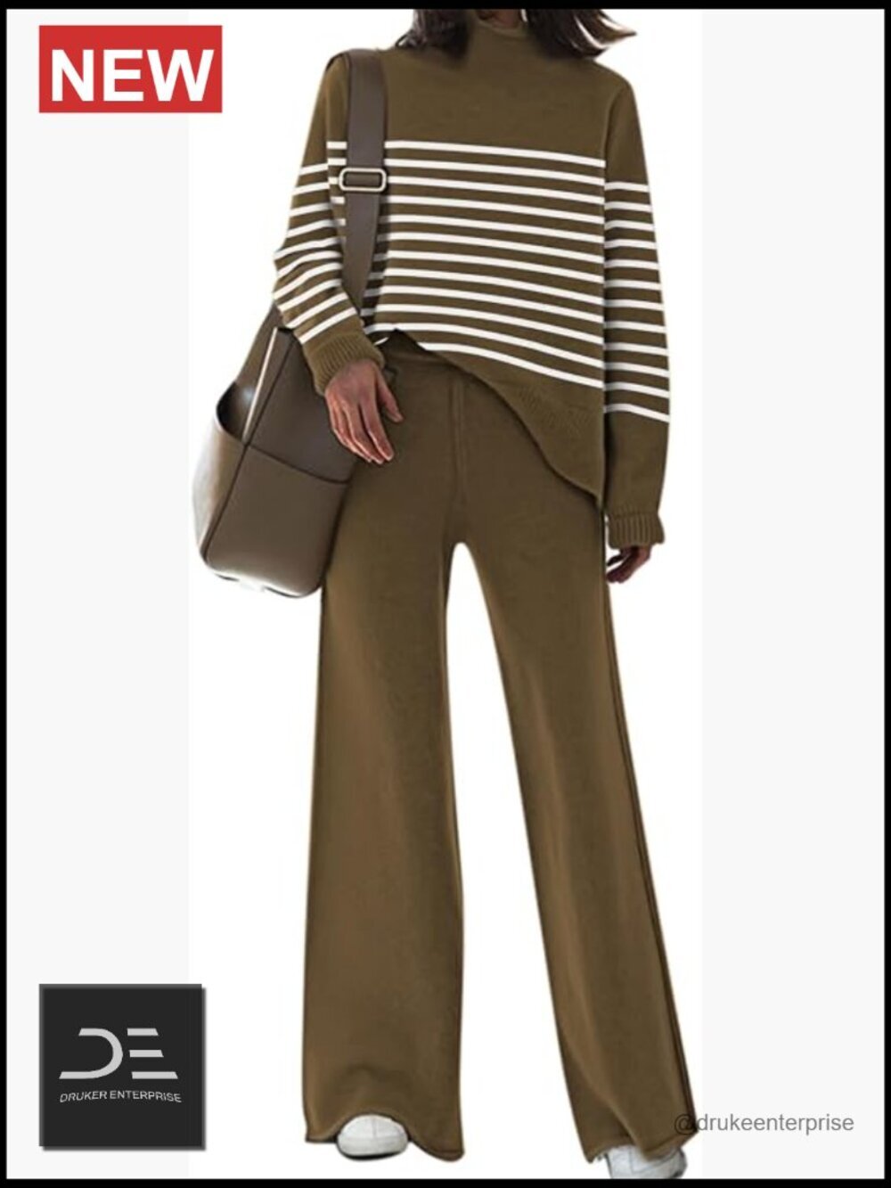 2 Piece Knitted Sweatsuit Set Turtleneck Sweater Wide Leg Pant Lounge Set